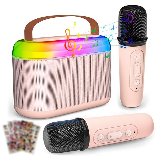 TiMOVO Karaoke Machine for Kids, Mini Portable Bluetooth Karaoke Speaker with 2 Wireless Microphone and LED Lights, Kids Music Player Toy Birthday Gifts with Stickers for Girls Boys Family Home Party