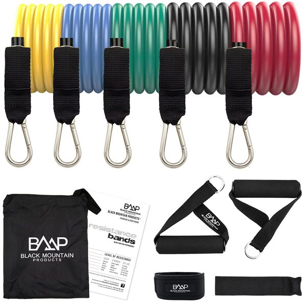 Black Mountain Products Resistance Band Set with Door Anchor, Ankle Strap, Exercise Chart, and Carrying Case