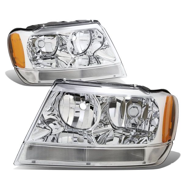 Pair of Chrome Housing Amber Corner Headlights Assembly HeadLamps Compatible with Jeep Grand Cherokee WJ 99-04