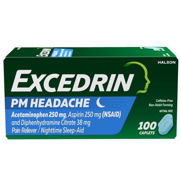 Excedrin PM Sleep Aid with Headache Relief Caplets for Nighttime Headaches and Sleeplessness - 100 Count