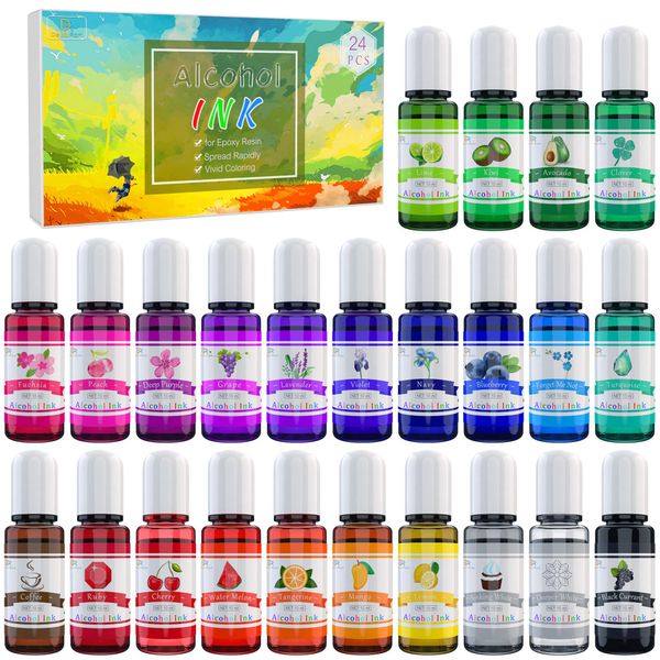 Alcohol Ink Set - 24 Vibrant Colours Alcohol-Based Ink for Resin Petri Dish Making, Epoxy Resin Painting - Concentrated Alcohol Paint Colour Dye for Resin Art, Tumbler Making, Painting - 24 x 10ml