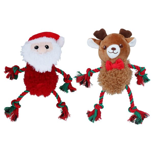 AB TOOLS Dog Fluffy Ropee Reindeer & Santa Squeaky Plush RopeToy Bundle