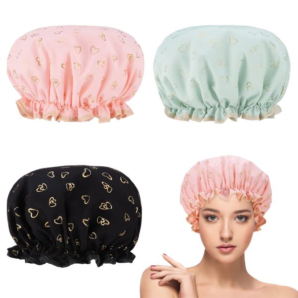 girldate Shower Cap, Set of 3, Hair Cap, Bath Cap, Elastic Hair Cap, 2-Layer Waterproof, Reusable, Colorfast, Lightweight, Cute, Heart-Shaped Pattern, Flexible, Beautiful Hair, Cosmetic Hat, Hot Spring, SPA, Face Wash Cap, Bath, Bath Supplies