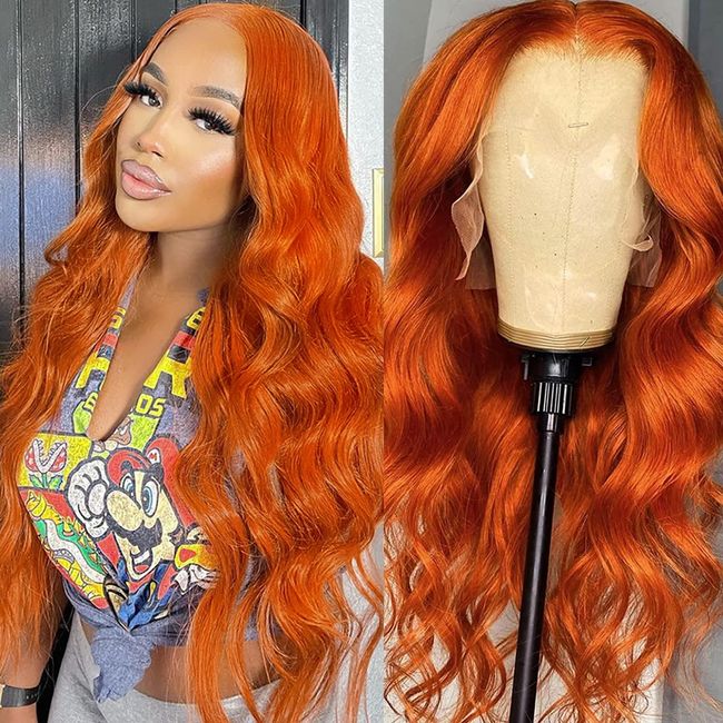 Xuanyusi Lace Front Wigs Human Hair Pre Plucked Hairline with Baby Hair, 24 Inch Ginger Orange Glueless Wigs for Black Women, 150% Density 13x6 Colored Body Wave Transparent Lace Front Wigs (24 Inch)