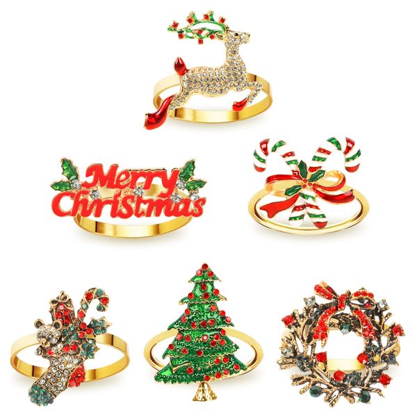 6pcs Christmas Napkin Rings Alloy Xmas Napkin Holder Napkin Buckle Table Decor for Dinner, Party and Christmas Decorations Stocking Fillers