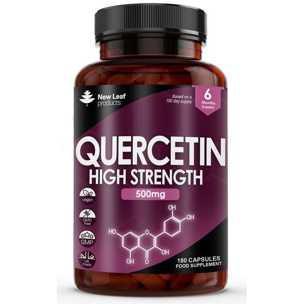 Quercetin 500mg High Strength Antioxidant Supplements (6 Months Supply) 180 Vegan Pure Quercetin Capsules Easy to Swallow - One A Day - Gluten Free & Non-GMO, Made in UK by New Leaf