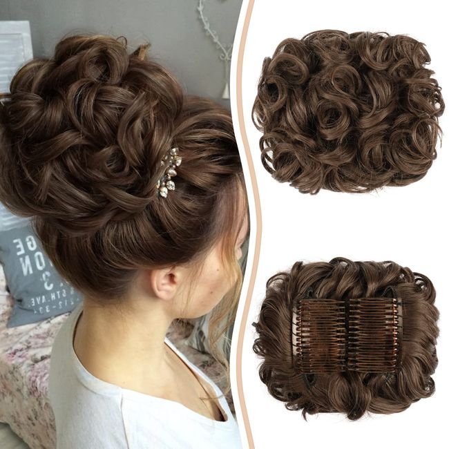 Sofeiyan Short Combs Messy Bun Hair Piece Wavy Curly Hair Extensions Bun Piece Drawstring Ponytail Chignon Combs Clip in Hairpieces for Women Golden Brown