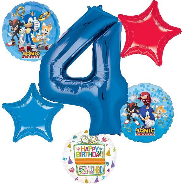 Anagram Sonic 4th Birthday Party Supplies Video Gamers Hedgehog Foil Balloon Bouquet Decorations 6pc