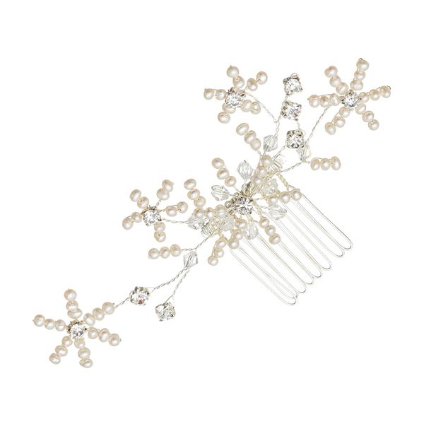 SAMKY Handmade Pearl Flower Rhinestone Crystal Bridal Wedding Tiara Hair Comb - Silver Plated FC016