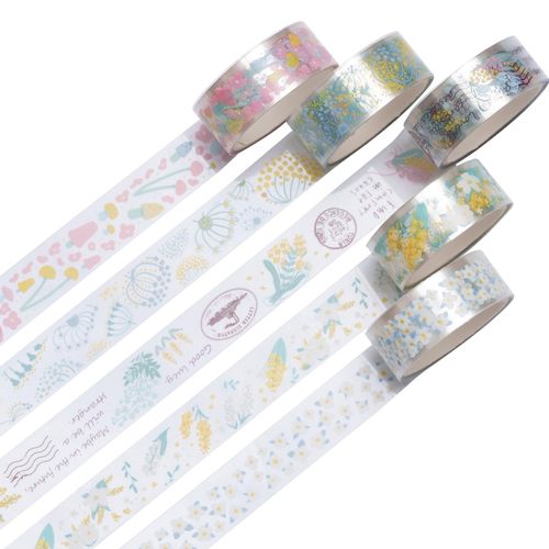 KAVI' S 5 Rolls Flowers Washi Tape Set Adhesive Tape Paper PET Decorative Vintage Masking Tape Transparent Adhesive Tape Colourful for Scrapbooking Crafts Crafts (Hyacinth)