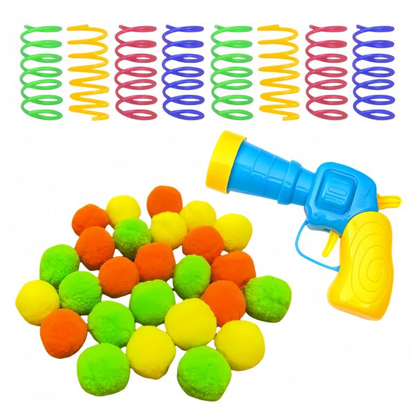 Runske Cat Toy 35Pcs Set Pompom Balls with Gun Launcher and Spring Toys,Cat Springs Toy,Interactive Toys and Indoor Toys,Cat Sports Toys for catching, Chasing, Interacting