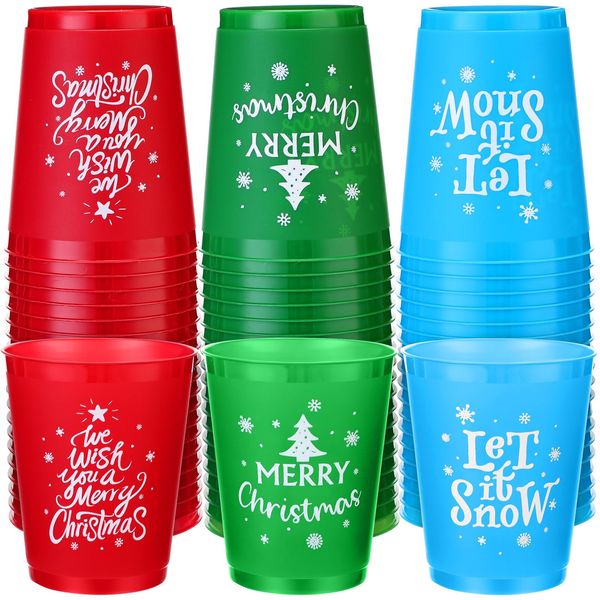 Ziliny 60 Pcs Christmas Cups 16 oz Reusable Xmas Plastic Cups Merry Christmas Coffee Cups for Hot Chocolate Beer Ice Cream New Year Holiday Party Supplies(Classic Style)