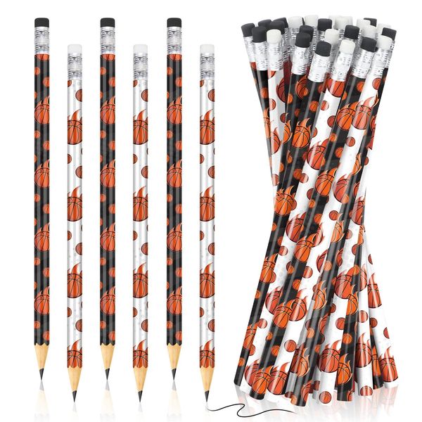 RUMIA 36Pcs Basketball Pencils for Kids Fun Wooden Pencils with Eraser for Basketball Party Favors for Basketball Birthday Party Students Back to School Classroom Office Prizes Rewards Supplies