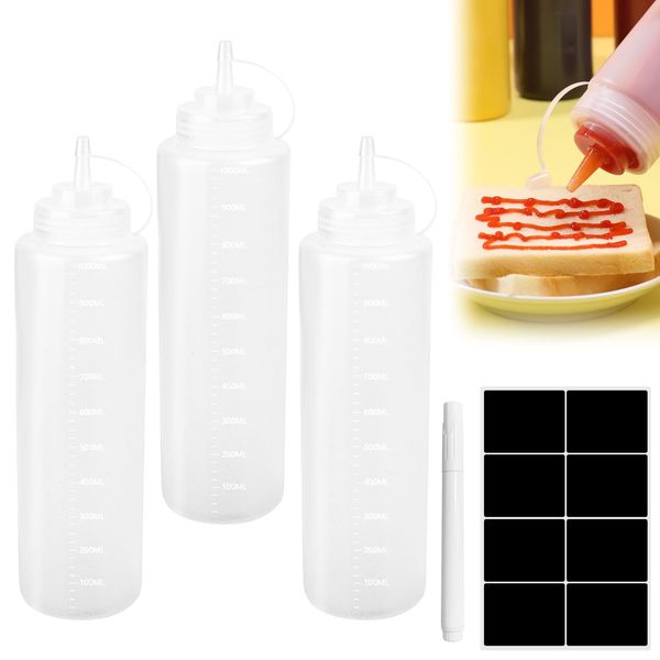 RUCUDIM 3 Pack 32oz/1000ml Reusable Squeeze Containers, Plastic Sauce Bottle with Twist On Cap Lids, Squeezy Condiment Bottles, Squirty Bottle for Condiments, Ketchup Syrup BBQ Sauce Mustard