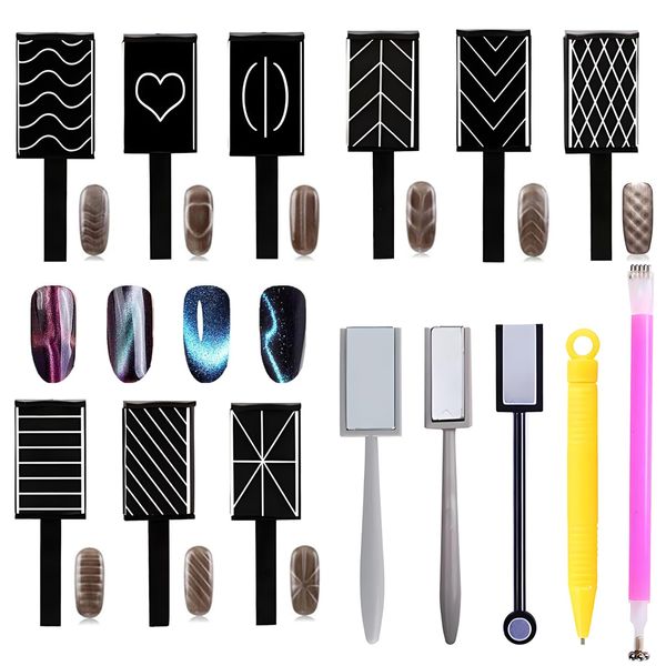 15 Pz Occhi di Gatto 3D Magnet Stick,3D Cat Eye Magnet Stick Manicure Nail Art Magnet Tool, Cat-Eye LED Lucidatura Ammollo UV Gel Strumenti Colla Stick Magnet Manicure Nail Tool