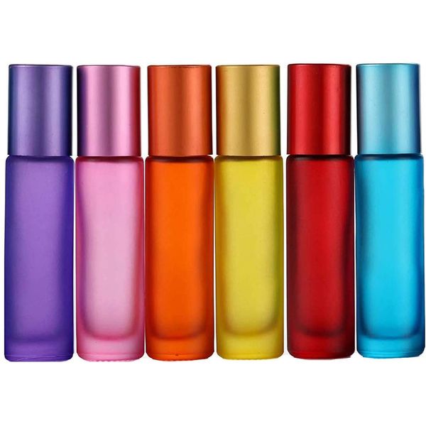 Alledomain 6Pcs, 10ml Essential Oils Roller Bottles, Refillable Empty Colorful Frosted Glass Roll on Bottles with Stainless Steel Ball, Include 1 Dropper & Opener, Perfect for Aromatherapy