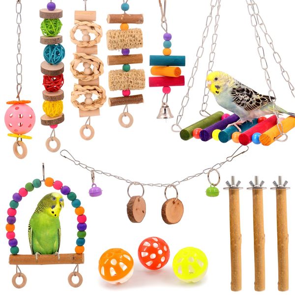 BRSLAIF Bird Perch Parakeet Toys 10 Pack Natural Wood Toys, Bird Cage Accessories Parrot Hanging Cage Toy for Small Bird Conure Cockatiel Lovebird Budgie