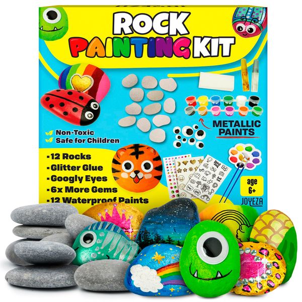 JOYEZA Rock Painting Kit Deluxe, Arts and Crafts for Girls Boys Age 6+, 12 Rocks Tween Gift Art Set, Waterproof Paints, Craft Kits Art Supplies, Kids Crafts Ages 6-8, Kids Activities 6 7 8 9 10