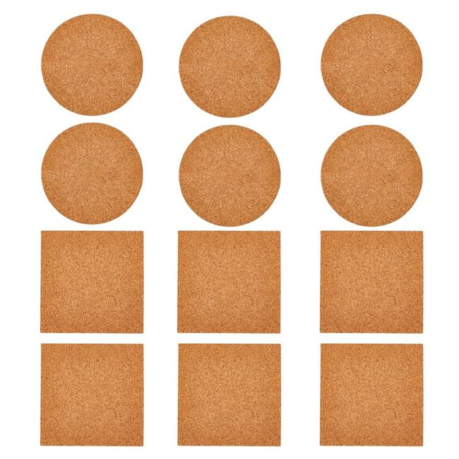 6 Pack Diameter 4 inches and 6 Pack 4 x 4 Inch Self Adhesive Cork Squares 100 MM Backing Cork Tiles Sheets for Coasters and DIY Crafts, 12 Pack