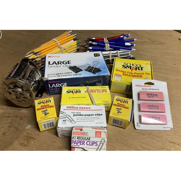 #365  Offic Supplies Clips, Erasers,  Pens, Staple Remover, Pencil Sharpener