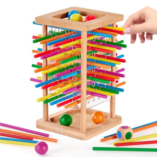Montessori Game Wooden Board Game, 48 Colorful Sticks Dice Game for 3 4 5 6 Year Old, Kerplunk Game for Kids Math Educational Toys for 3 Years Old, Fine Motor Skills Game Family Travel Game Gifts