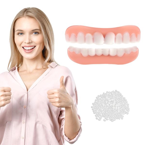 1 Pair Dentures Clip in Veneers Teeth Set, False Teeth Upper & Lower for Adults, Ultra Thin Flex Design, Full Mouth Coverage Smile Brightening Stain & Gap Concealing Easy to Apply Durable Silicone