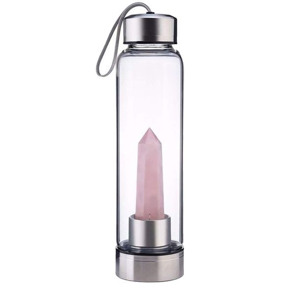 SeaHome Crystal Glass Water Bottle, Water Bottle with Gemstone Center Crystal Elixir Bottle with Natural Crystal Point Healing Obelisk Wand Energy Cup (rose quartz)