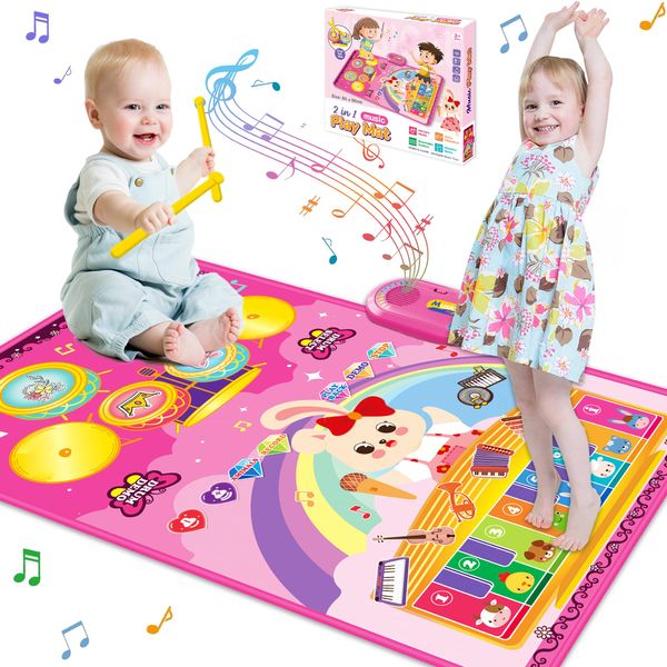 Toys for 1 Year Old Girl Baby Musical Mat Toddler Girl Toys 3 in 1 Piano Drum Animal Touch Play Mat Infant Music Toy 12-18 Months Babies Birthday Gifts for 1 2 3 Year Old Girls