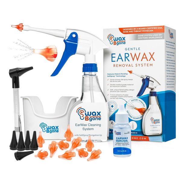 WaxBgone Earwax Removal Kit - Fast, Gentle, and Effective Ear Wax Removal Kit – Dissolve and Remove Earwax at Home - Includes Earwax Softening Drops, 10 SoftSpray Reusable Irrigation Tips, Otoscope