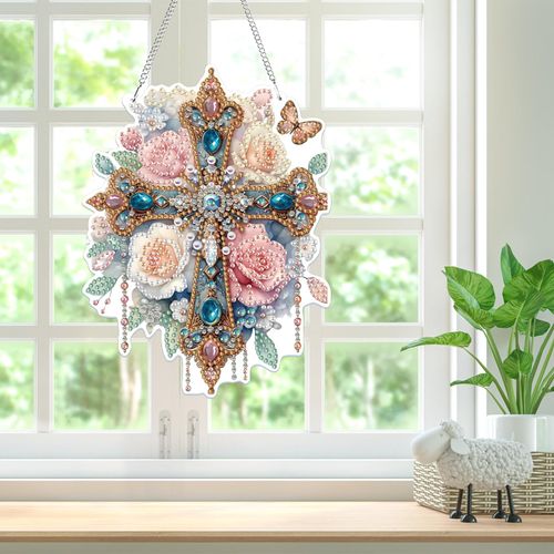 Bowetile Hanging Diamond Art Cross Kits for Adults Beginners, 5D Special Shape Diamond Painting Flower Kits, Cross Diamond Gem Art Suncatchers Painting Pendant Ornament for Home Garden Wall Decor