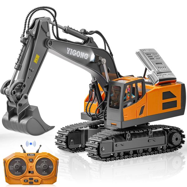 SJYN Remote Control Excavator Toy, Construction Rc Digger Toys for Kids Boys Age 4-14 Year Old, Rechargeable Simulated Excavators with Metal Shovel/Lights/Sounds/2.4Ghz