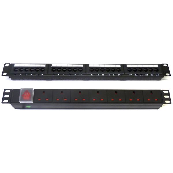 Cat 5E 19" 24 Port Patch Panel + 7 Way Power Unit Comms Rack Data Network Cabinet