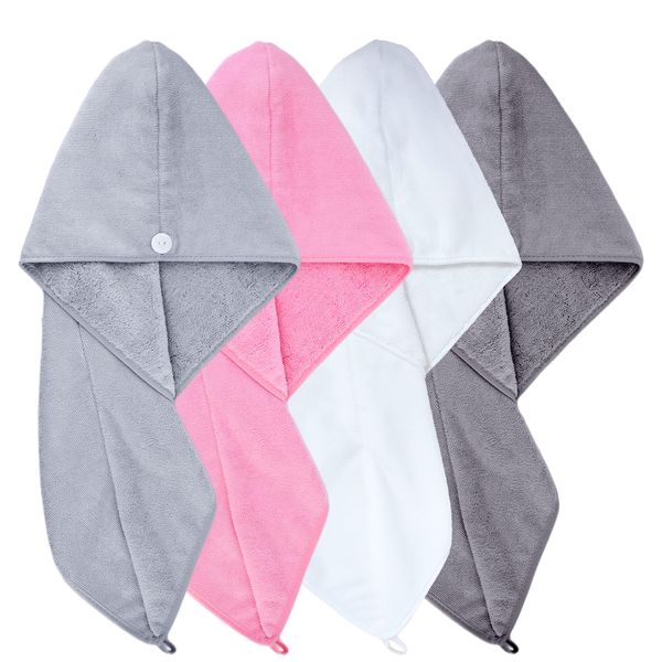 POLYTE Microfiber Hair Turban Wrap Drying Towel, 12 x 28 in, 4 Pack (Dark Gray,Gray,Pink,White)