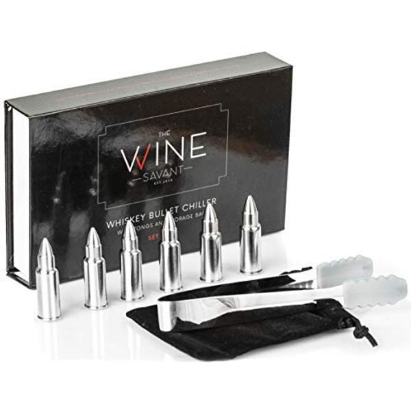 Bullet Whiskey Chillers Stones - 1.75in Whiskey Rocks by The Wine Savant Set of 6 - Stainless Steel Bullet Shaped Ice Cubes, Gift Box Come, Tongs and Storage Bag, Whiskey or Scotch Rocks (Silver)