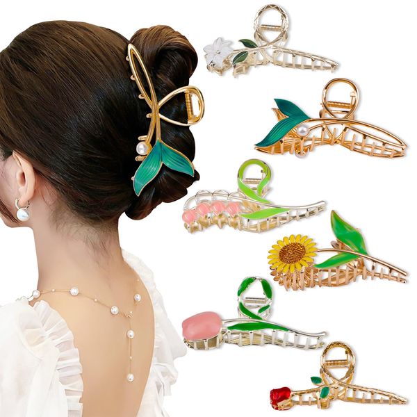 6Pcs Metall Haar Kralle Clips, HAOTIAN-X Gold niedlichen Haar Kralle, große Sonnenblume Tulpe halten Haar Kiefer, florale rutschfestes Haar Klammern halten Clips, Mode Haare fangen Clips Barrettes