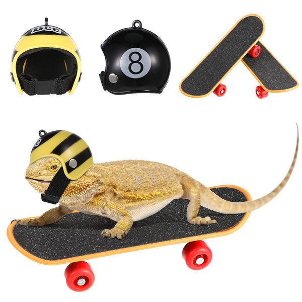 Frienda 4 Pieces Bearded Dragon Accessories Toy Set Bearded Dragon Funny Toy Lizard Helmet Hat and Mini Skateboard for Lizard Bearded Dragon Turtle Hamster Parrot Reptile Small Animals Pets