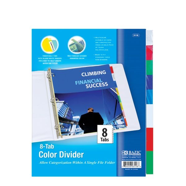 BAZIC 3-Ring Binder Dividers w/ 8-Insertable Color Tabs