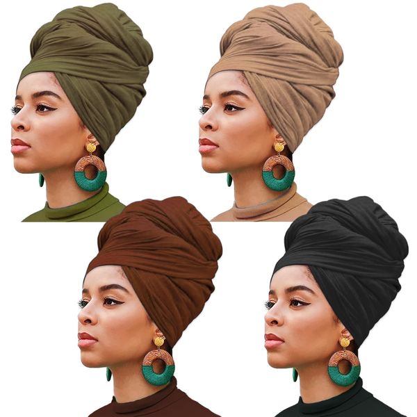 4 Pieces Stretch Head Wrap Jersey Turban Fashion Headband Solid Color Long Hair Scarf African headwraps Bohemian Soft Breathable Turbans for Women (Black, Coffee, Army Green, Camel)