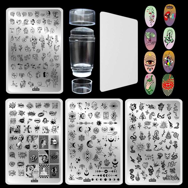 Nail Stamping Kit,4 Pcs Big Nail Stamp Plates 1 Pcs Double Sided Clear jelly Nail Art Stamper with Scaper Set, Abstract Face Snake Constellation Black Line Design Templates Nail Art Stamps Stencils