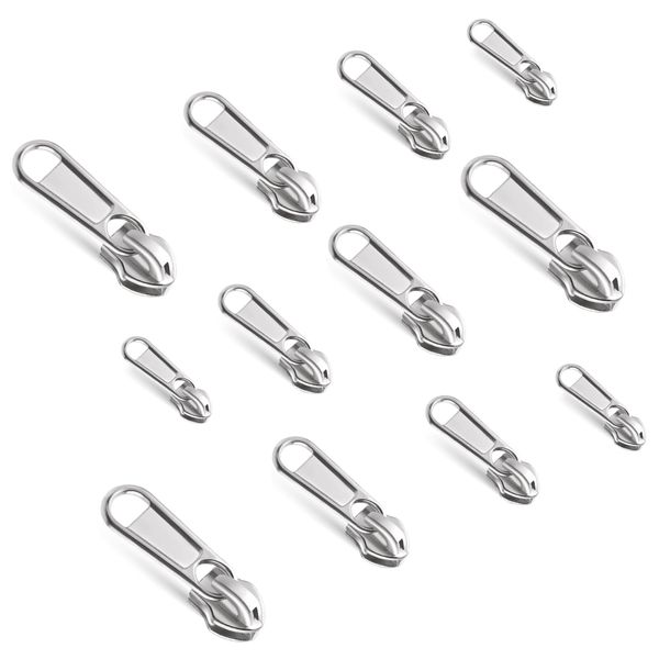 TIESOME 12 PCS Non Locking Zippers Sliders for Nylon Zipper in 4 Sizes, Silver Metal Zipper Pulls Bulk#3#5#8#10 Zinc Alloy Zipper Pull Replacement Slider Zipper Head for Purse Luggage(Sliver)