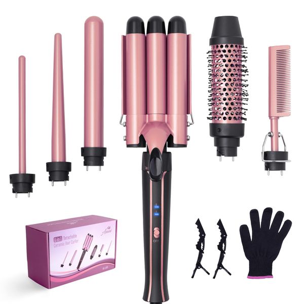 Asani Curling Iron Wand Set 6-in-1 - Beachwaver Hair Curler with 3 Barrel Hair Crimper, Tapered, Spiral Curling Iron - Fast Heating Travel Hot Styling Tools for Women with Dual Voltage (110-240V AC)