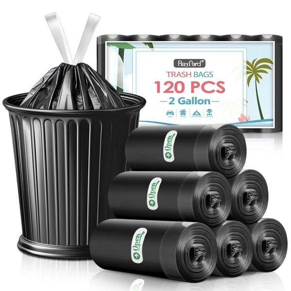 2 Gallon 120 Counts Strong Drawstring Trash Bags Garbage Bags by RayPard, Small Trash Bin Liners for Home Office Kitchen Bathroom Bedroom, Black