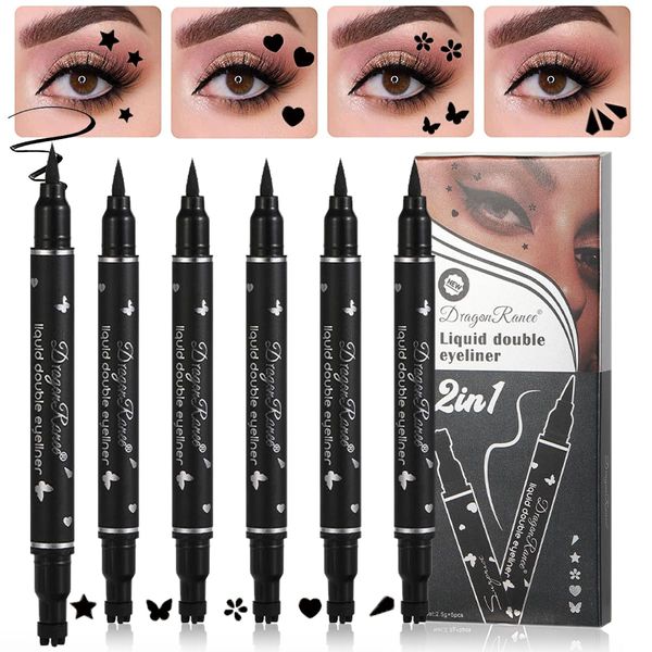 5 Pcs Doppelköpfig Flüssiges Eyeliner Stempel Stift Makeup Set, Wasserdicht Lang anhaltend Schwarzer Eyeliner Bleistift, Wischfest Lazy Langlebiges Eye Liner Schablonen Augen Tattoo Tool