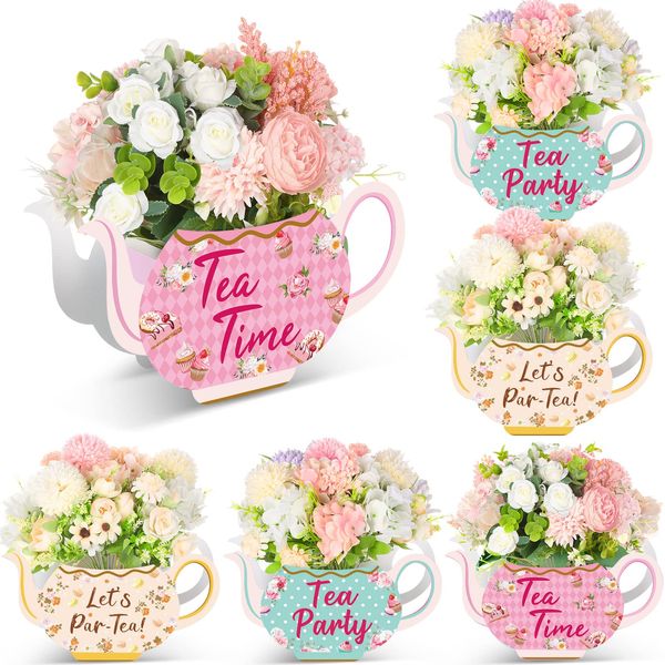 Yinder 6 Pcs Tea Party Decorations Princess Party Flower Boxes Centerpiece Floral Teapot Centerpiece for Floral Tea Themed Birthday Party Supplies Baby Shower Wedding (Elegant Tea Pot)