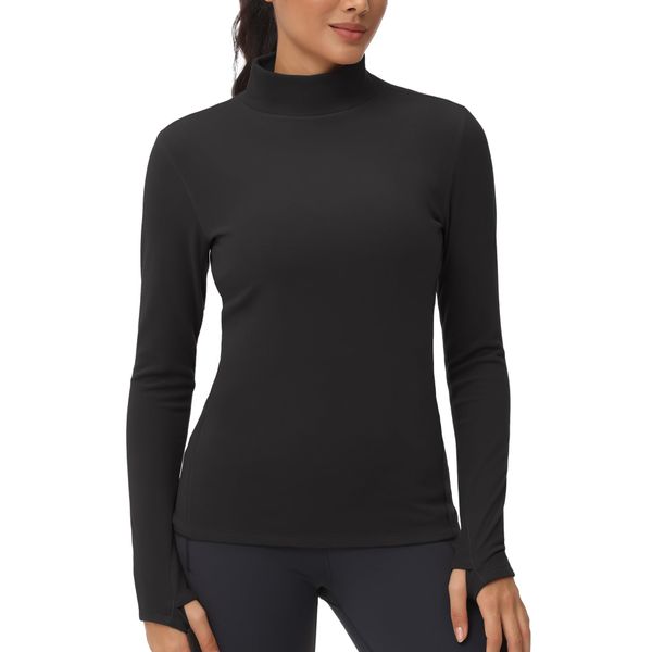 THE GYM PEOPLE Women's Mock Turtleneck Long Sleeve Shirts Fleece Thermal Underwear Pullover Tops with Thumb Hole Black