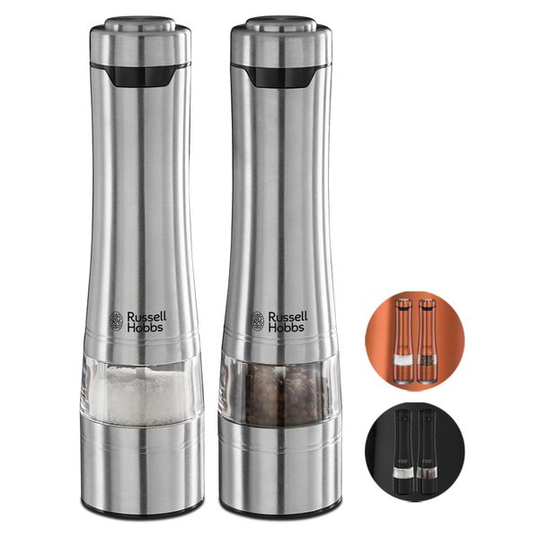 Russell Hobbs Stainless Steel Electric Salt & Pepper Mill Set with adjustable ceramic grinder heads for fine or coarse grinding, Battery operated, Light up during use, One handed operation, 23460-56