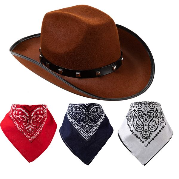 Spooktacular Creations Brown Cowboy Hat and 3 Pcs Bandana for Cowboy Halloween Costume, Halloween Accessories, Cowboy Themed Parties, Costume Contest, School Play, Trick or Treat, Photo-props