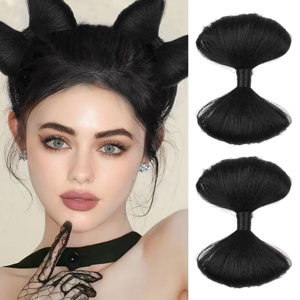 BASEMMAHER 2Pcs Black Bow Space Bun Hair Pieces Mini Bowknot Synthetic Wig Hair Clip Cat Ears Natural Fake Updo Scrunchies Hair Bun Extensions Hair Barrette Headdress for Women Girls Hair Accessories