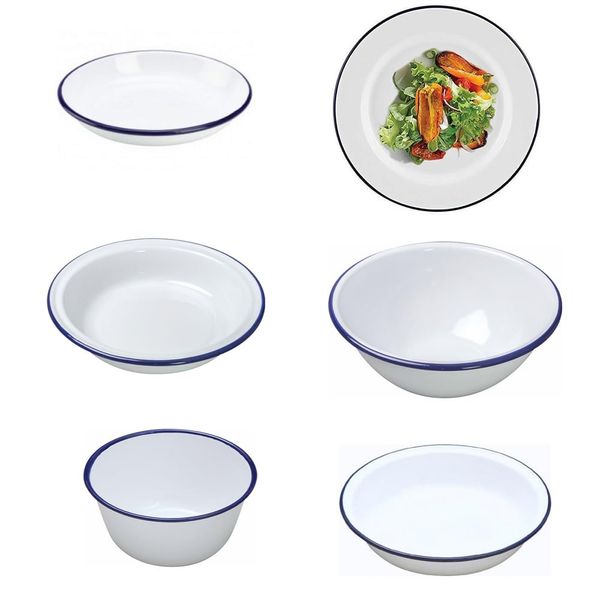 Premium Quality Traditional Enamel White Blue Trim Rice Plate, Pasta Plate, Bowl, Dinner Plate, Round Pie Plate, Soup Plate, Mixing Bowl, Deep Dish Tableware Crockery (Round Pie Dish 16cm)