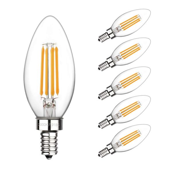 Boncoo LED Candelabra Bulb, Dimmable LED Chandelier Light Bulbs 6W 3000K Soft White Filament LED Candle Bulbs 60W Incandescent Equivalent B11 530 Lumen E12 Clear Glass Decorative Bulb 6 Packs